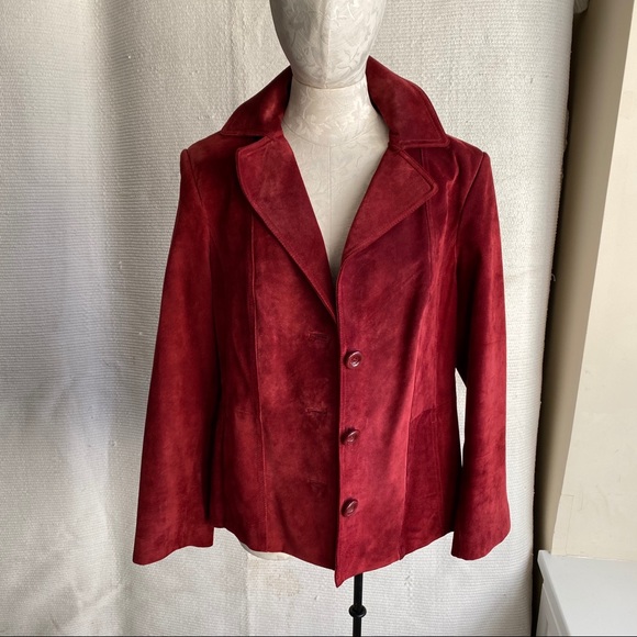 Vintage Jackets & Blazers - Vintage 90s L Red Suede Leather Jacket Burgundy